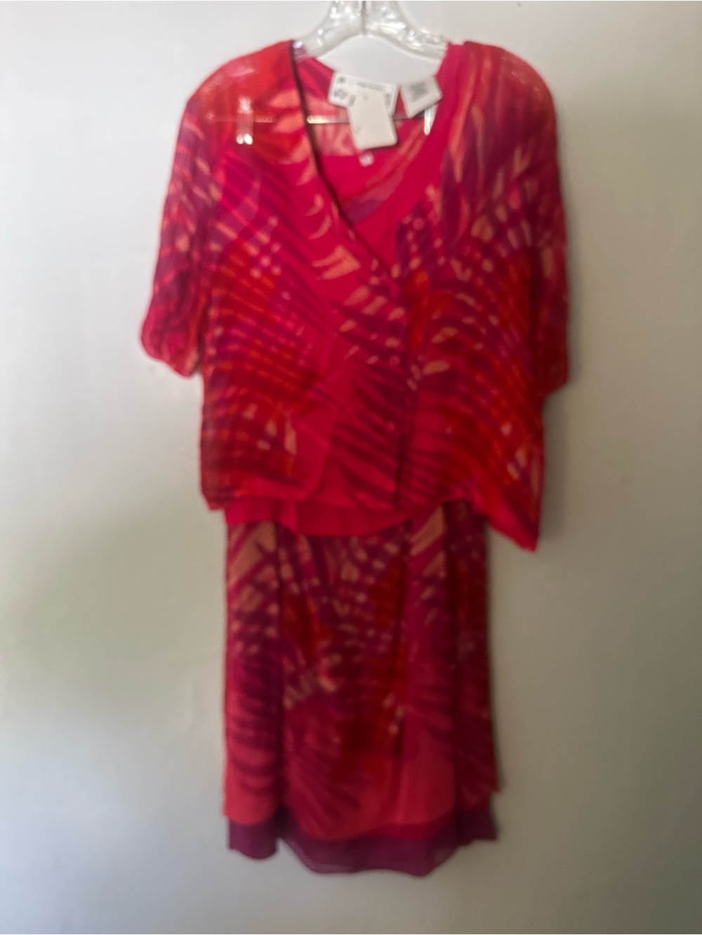 Sundance Red &Pink Patterned Midi Dress w/Overlay tank top, skirt & overshirt